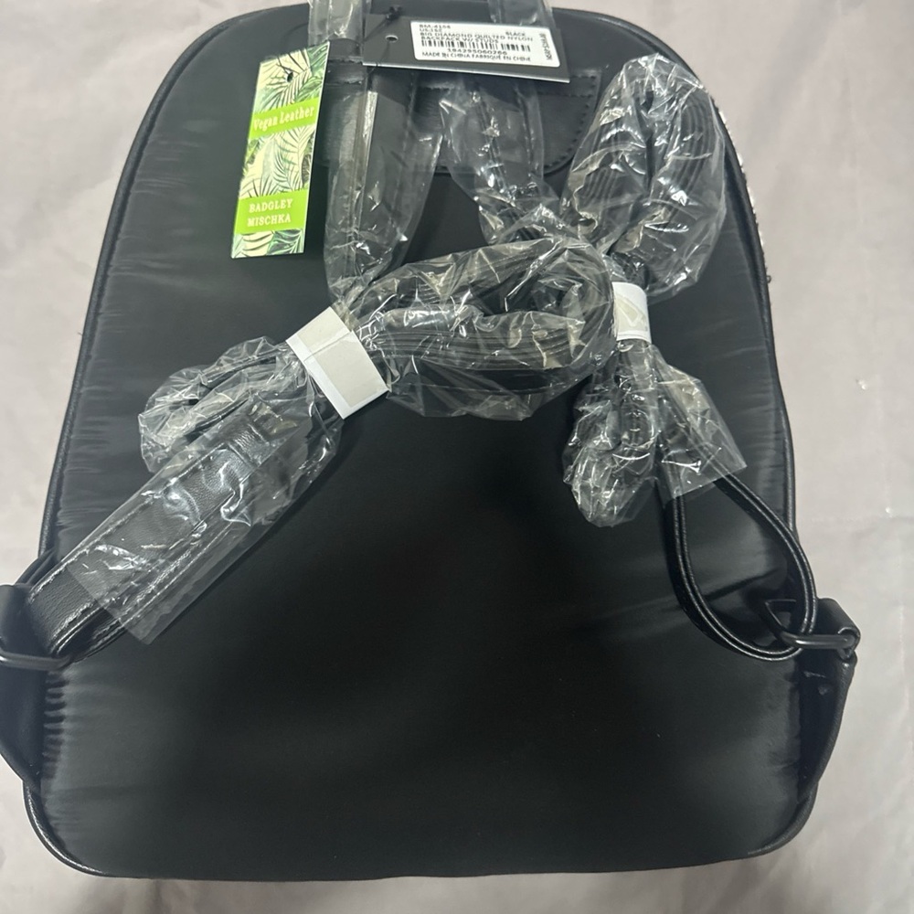 Badgley Mischka Black Quilted Backpack with Tweed Front Pocket - Picture 3 of 7